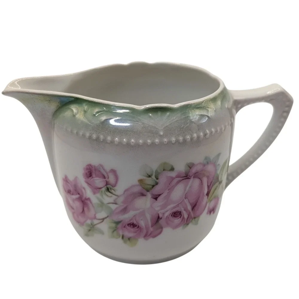 Vintage Creamer Pitcher Pink Flowers Roses‎ Hand Painted Germany Textured Dots